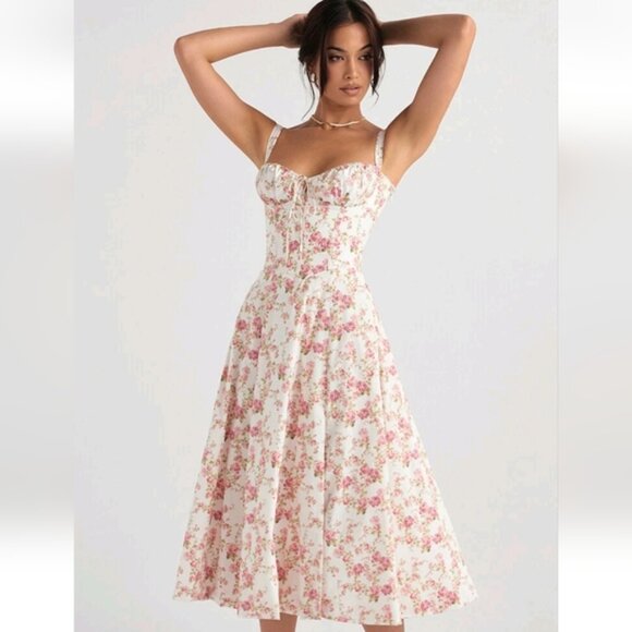 Marthea Womens Pink Floral Corset Midi Dress Medium Romantic Cottagecore Prairie - Picture 2 of 12